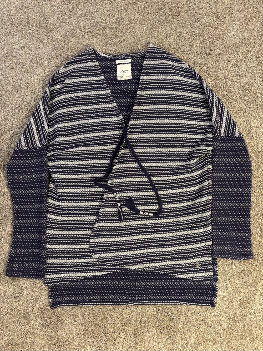 ROXY Women’s Blue White Striped Knit V-Neck Tie-Front Open Cardigan Sweater S